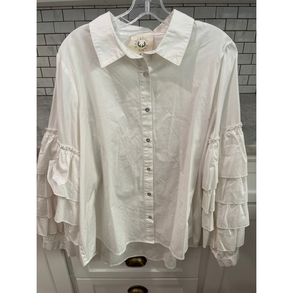 Fantastic Fawn Shirt Womens Medium White Ruffle Tiered Sleeve Button Down Blouse